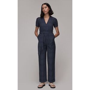 Whistles Womens Zoe Broderie Waist‎ Tie Jumpsuit Short Sleeve Navy Size 10